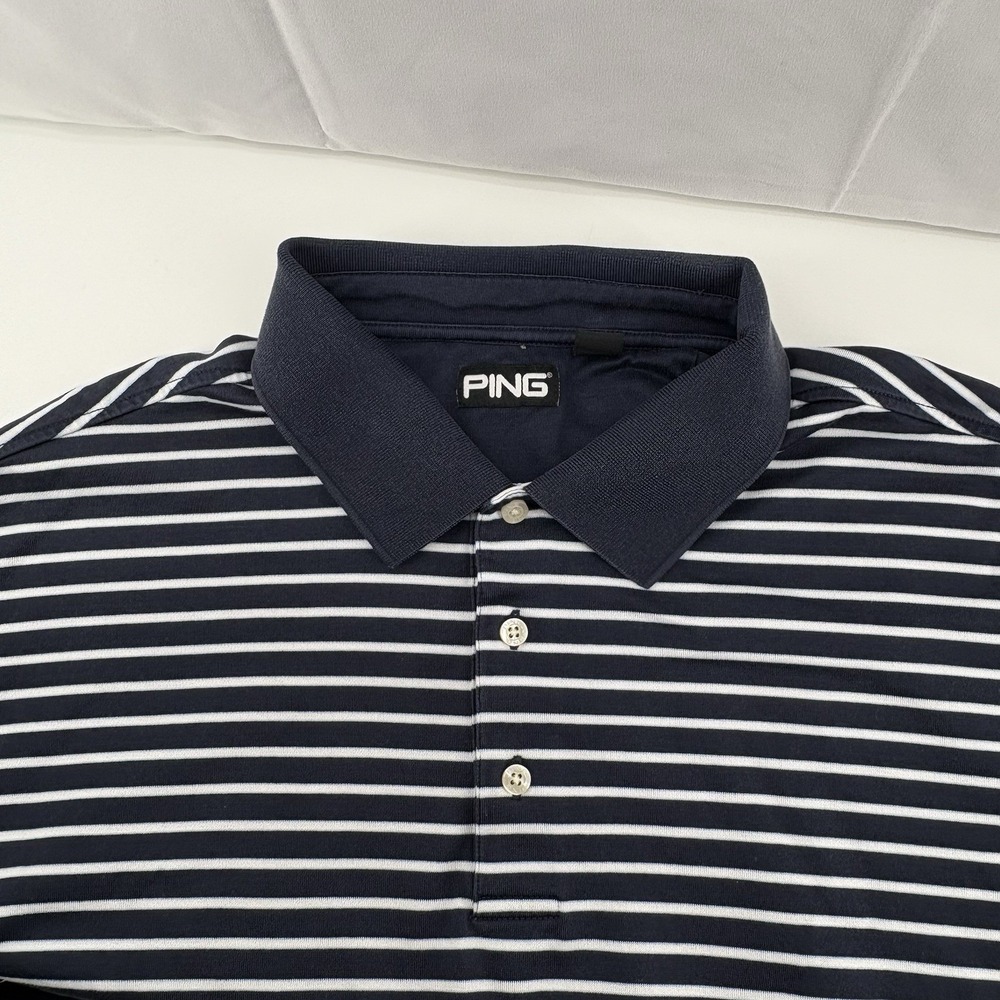 Ping Mens Polo Shirt Sz XLarge Navy Blue & White Stripped Golf Short Sleeve